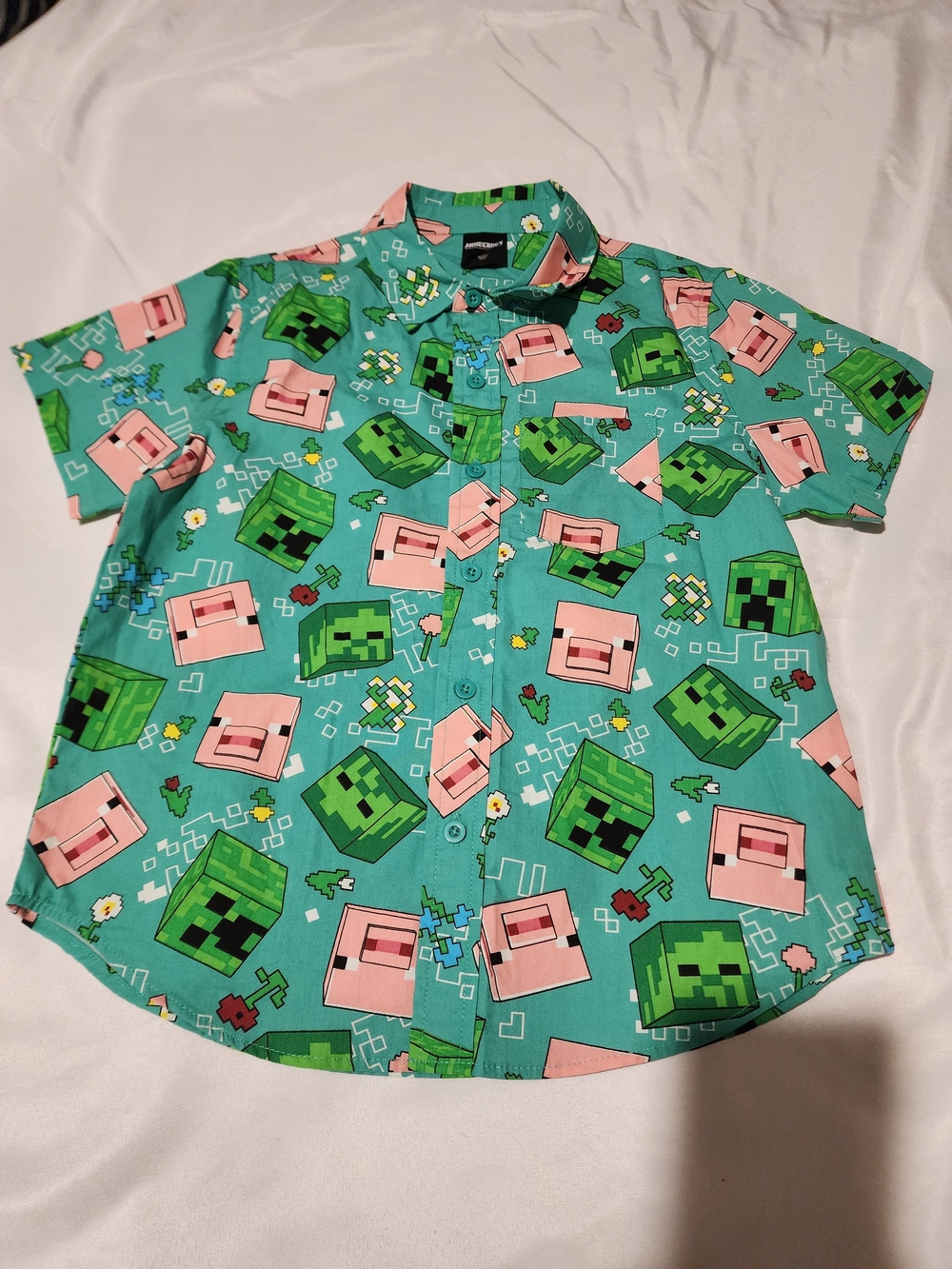 MAD Engine Teal Button-Up Shirt with Pink Pig and Green Creeper Print